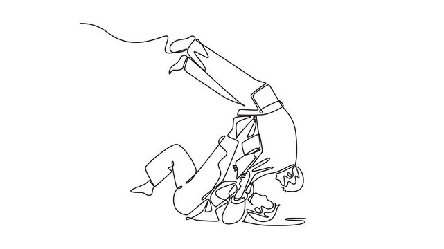 Animated self drawing of continuous line draw two men are performing throw or sacrifice technique, with one figure inverted in mid-air during execution of Judo sports. Full length one line animation