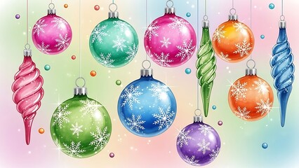 Vibrant watercolor christmas ornaments with snowflake designs