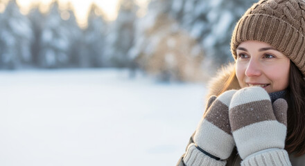 Winter weather portrait shows young woman in snowy outdoor setting, bundled up for warmth. Considering winter weather, she gazes into distance on crisp day, enjoying frosty scene.