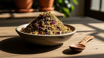 Bowl of mixed sprouts and seeds with wooden spoon in sunlight