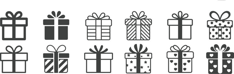 Collection of decorative gift box icons featuring ribbons, bows, patterns, and festive elements in clean minimalist vector style for holiday designs.
