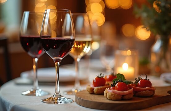Table set for elegant dinner with red and white wine glasses. Appetizers with tomatoes and ham served on a wooden board. Candlelit ambiance.