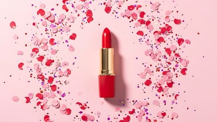 Vibrant red lipstick surrounded by a confetti of pink and red petals