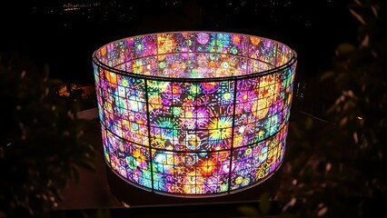Illuminated cylindrical lantern covered in colorful lights