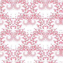 Seamless pattern of heart shaped sakura branches. Watercolor handmade illustration. For fabric, wallpaper, greeting cards, design, decoration and illustration.