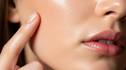 Close up of a woman s glowing skin and lips with a finger touching her cheek