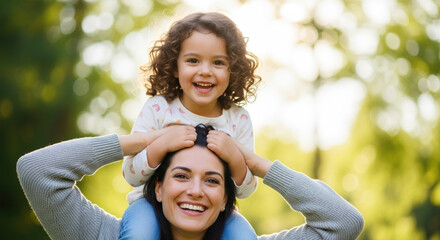 Celebrating Adoption Month with happy child on mother's shoulders in sunny park. Adoption Month, adoption and love shine as mother and daughter connect in beautiful, loving moment.
