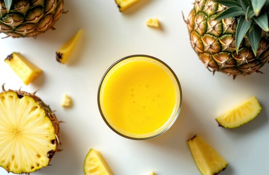 Top view flat lay pineapple juice in glass. Sliced pineapples around drink on white table. Concept of raw food diet and healthy eating. Refreshment beverage in summer time mood.