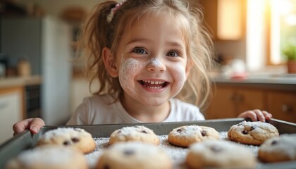 Happy little girl with powdered sugar on face smiles broadly. Cute child proudly holds baking tray filled with fresh baked chocolate chip cookies. Kid enjoys sweet homemade dessert after fun family