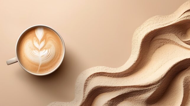 Artistic latte coffee with swirling cream and cocoa powder