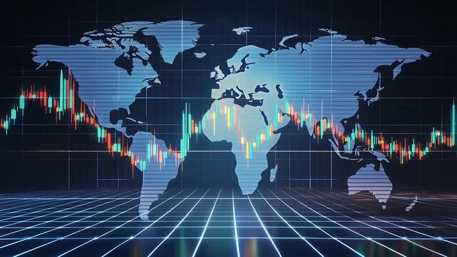 Digital world map with candlestick chart and futuristic grid lines on a dark blue background