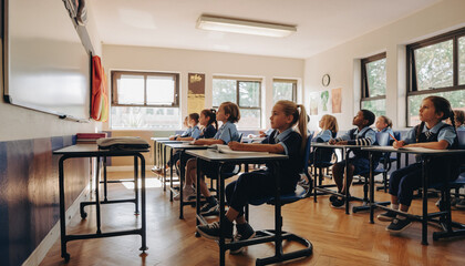 A group of diverse elementary school students in uniforms sitting at their desks and attentively listening to a lesson in a bright classroom.