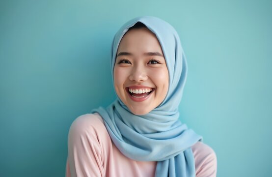 Happy young Asian muslim woman in blue hijab laughing. Beautiful islamic female model smiles with genuine joy. Cheerful arab girl shows healthy white teeth looking at camera. Portrait of confident