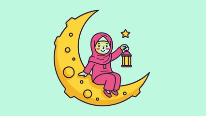 A cute cartoon Muslim girl in a pink hijab sits on a crescent moon holding a Ramadan lantern.