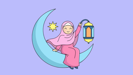 A cartoon illustration of a smiling Muslim girl in a pink hijab sitting on a crescent moon, holding a lantern with a star nearby.