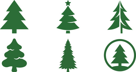 Set of 6 Christmas Tree Icons, Green Silhouettes of Various Modern and Minimalist Pine Tree Shapes. Flat Vector Illustration Isolated on White Background
