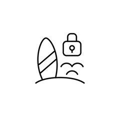 Surfboard on beach, waves and lock. Secure vacation and holidays. Pixel perfect, editable stroke vector icon