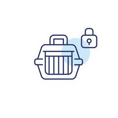 Pet carrier and lock. Secure dog transportation, cat travel. Pixel perfect, editable stroke vector icon