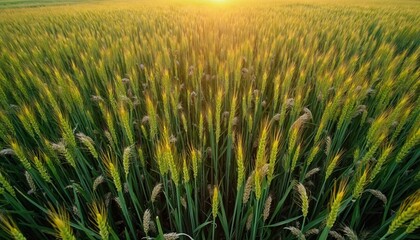 Green field with ripening grain stalks swayed by wind under warm sunset light. Some plants are bent down, showing damage from bad weather and potential harvest loss.