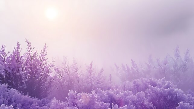 Misty lavender field at sunrise with soft sunlight - Powered by Adobe
