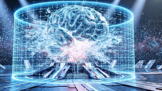 A digital brain surrounded by blue and red light, abstract design, futuristic landscape