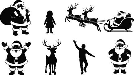 Festive Christmas vector silhouettes featuring Santa Claus, reindeer, sleigh, children, joyful poses, holiday characters, and seasonal black-and-white winter illustration elements.