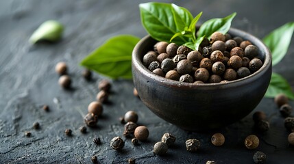 Whole black peppercorns in a bowl with fresh basil leaves