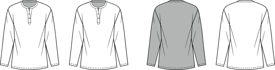 Long sleeve henley shirt technical fashion sketch showing front and back views, detailed garment flat drawing for apparel design templates