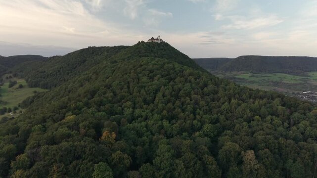 A flight above Dettingen Teck towards the Castle Teck which is located high above the mountain 