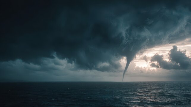 Dramatic Waterspout Vortex Descends from Ominous Storm Clouds as Sunlight Pierces the Gloom Over a Turbulent Ocean.