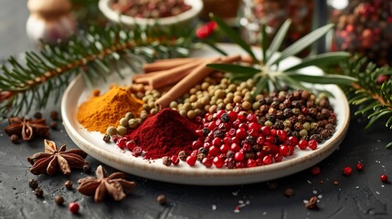 Festive holiday spices arranged for christmas season