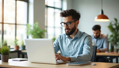 A focused Muslim man works on a laptop in a modern office environment. He wears glasses a light blue shirt. A colleague is visible in the blurred background.