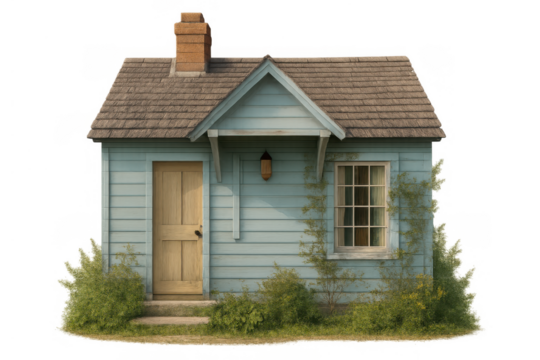 Quaint blue cottage with wooden door and roof, small rustic home featuring a brick chimney, isolated on transparent background
