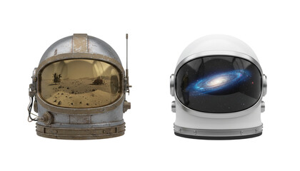 Set of Two Futuristic Astronaut Helmet Designs with Reflections, isolated on transparent background.