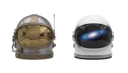 Set of Two Futuristic Astronaut Helmet Designs with Reflections, isolated on transparent background.