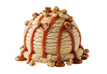 Delicious caramel nut ice cream scoop with topping dessert food photography sweet treat isolated on transparent background