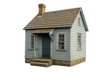 Small vintage wooden house with light blue siding and a brown roof, featuring a brick chimney and inviting porch steps