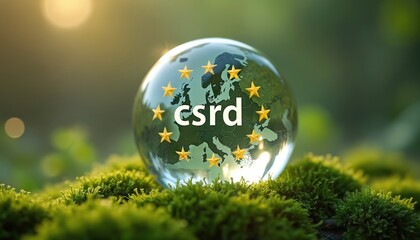 Obraz premium Transparent globe shows EU map, CSRD text. European Union stars circle letters. Rests on vibrant green moss with sunlight bokeh. Represents eco-friendly business, sustainable policy, corporate
