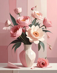 Obraz premium Cubist floral still life tablet display indoor setting digital art vibrant colors contemporary viewpoint