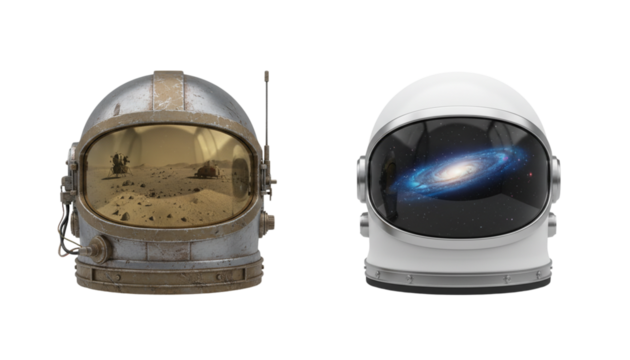 Set of Two Futuristic Astronaut Helmet Designs with Reflections, isolated on transparent background.