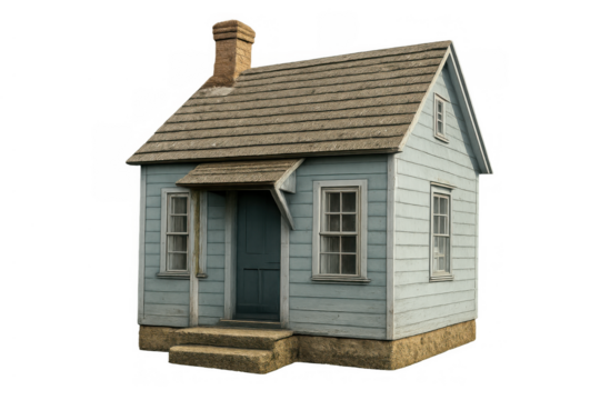 Small vintage wooden house with light blue siding and a brown roof, featuring a brick chimney and inviting porch steps - Powered by Adobe