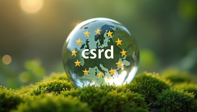 Transparent globe shows EU map, CSRD text. European Union stars circle letters. Rests on vibrant green moss with sunlight bokeh. Represents eco-friendly business, sustainable policy, corporate