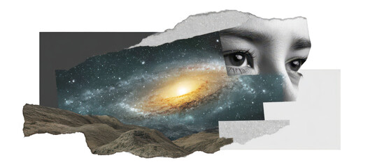 Collage Art Surreal Conceptual Combining Galaxy and Human Eyes Isolate on Transparent Background, png