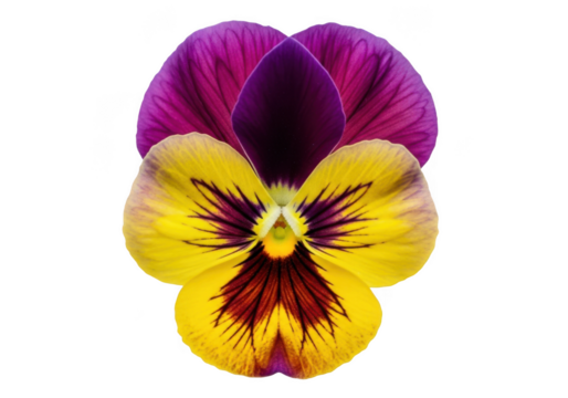 Detailed close-up of a vibrant pansy flower with purple and yellow petals, floral design element, botanical illustration, isolated on transparent background