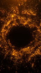 Golden glowing vortex made of tiny shimmering particles on dark background. Futuristic circular burst with bright light movement and energetic glitter effects.