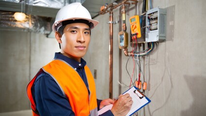 Construction Worker Inspecting Electrical Panel in Basement