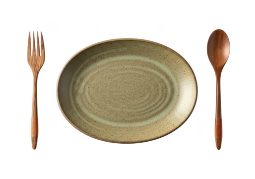 Rustic ceramic plate with wooden fork and spoon, kitchenware, tableware, dining decor, food presentation isolated on transparent background