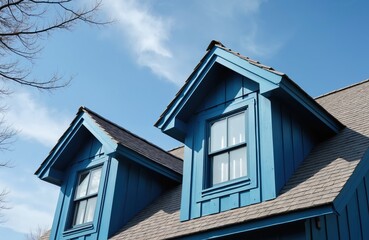Two blue dormer windows jut from wooden house roof with grey shingles under clear sky. These architectural features add charm and light to attic space. Exterior view of classic New England style home.