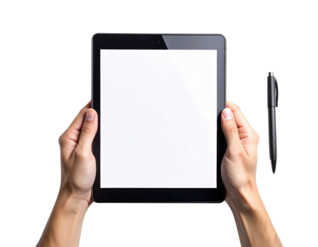 Modern Digital Workspace Hands Holding Tablet with Clean Minimal Style