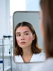 Young Woman Examining Rosacea in Mirror - Beauty and Skincare Concept